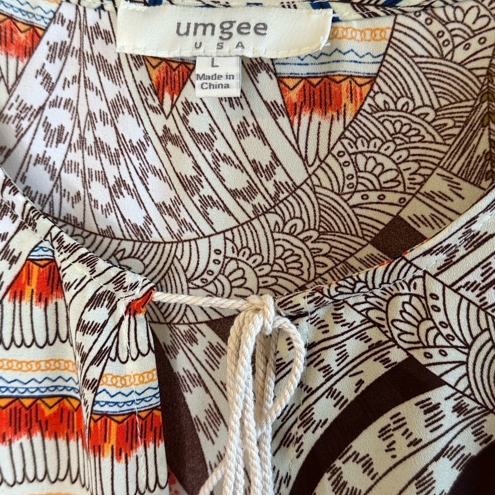 Umgee Tan/Multicolor Bohemian Print Bishop Sleeves Dress with Tassle Ties Sz L - Picture 3 of 14
